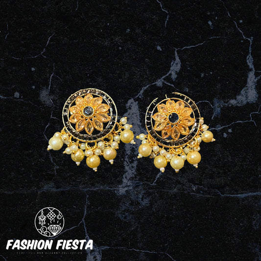 Gold Floral Design with Black Stones Stud