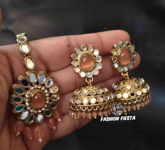 Set of Jumkis with peach colored beads and mirror work along with a matching Tikka